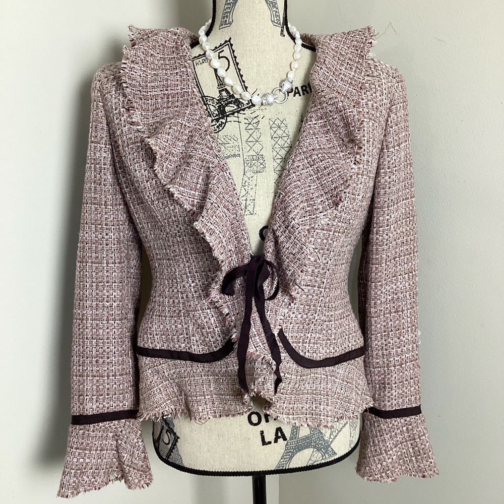 Women’s Pink Cream Tweed Blazer Long Bell Sleeve Brown Ribbon Tie Distress Hem